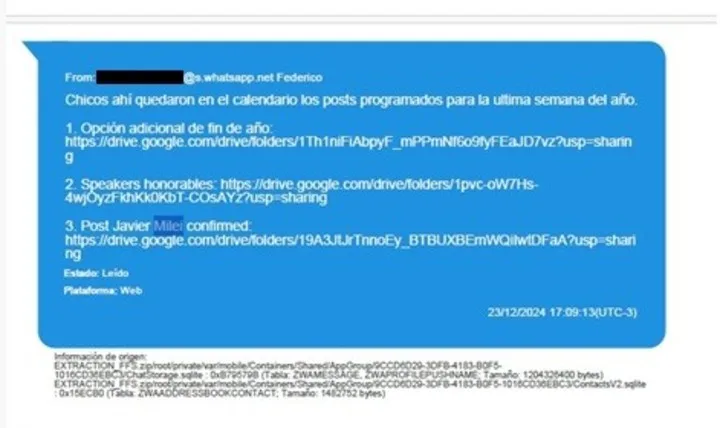 El mensaje dentro de un grupo interno del Tech Forum que confirmaba la presencia de Milei en el evento